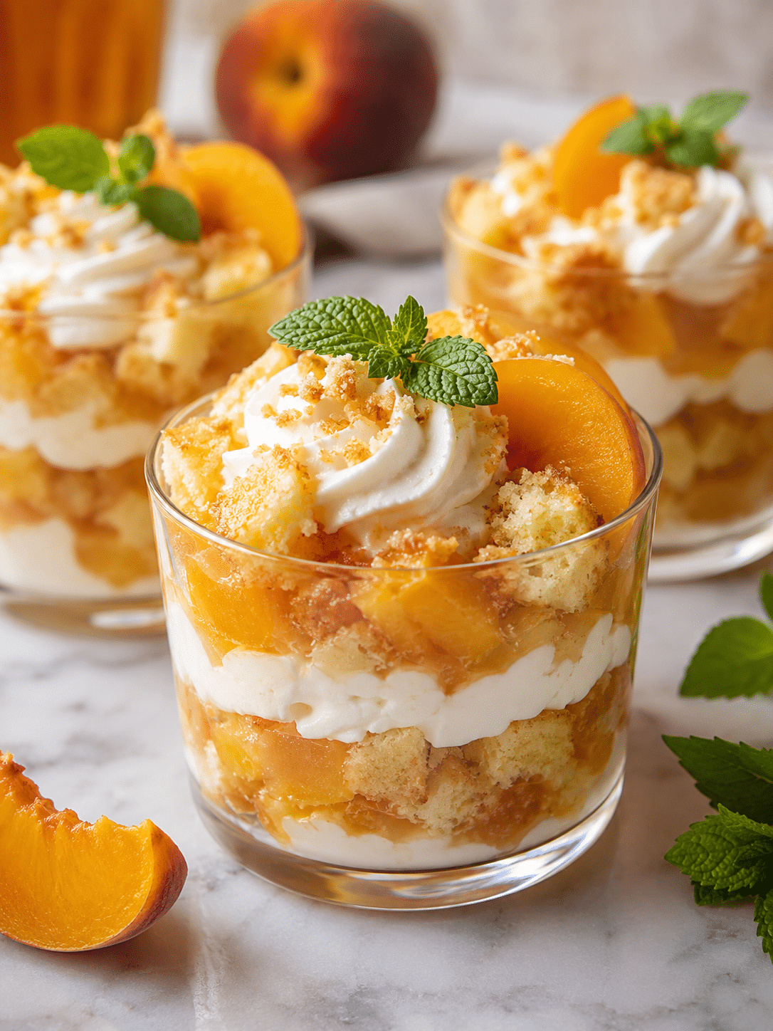 Peach Iced Tea Pound Cake Trifles: Easy Summer Dessert 1 Peach Iced Tea Pound Cake Trifles served in clear glasses with peaches and whipped cream