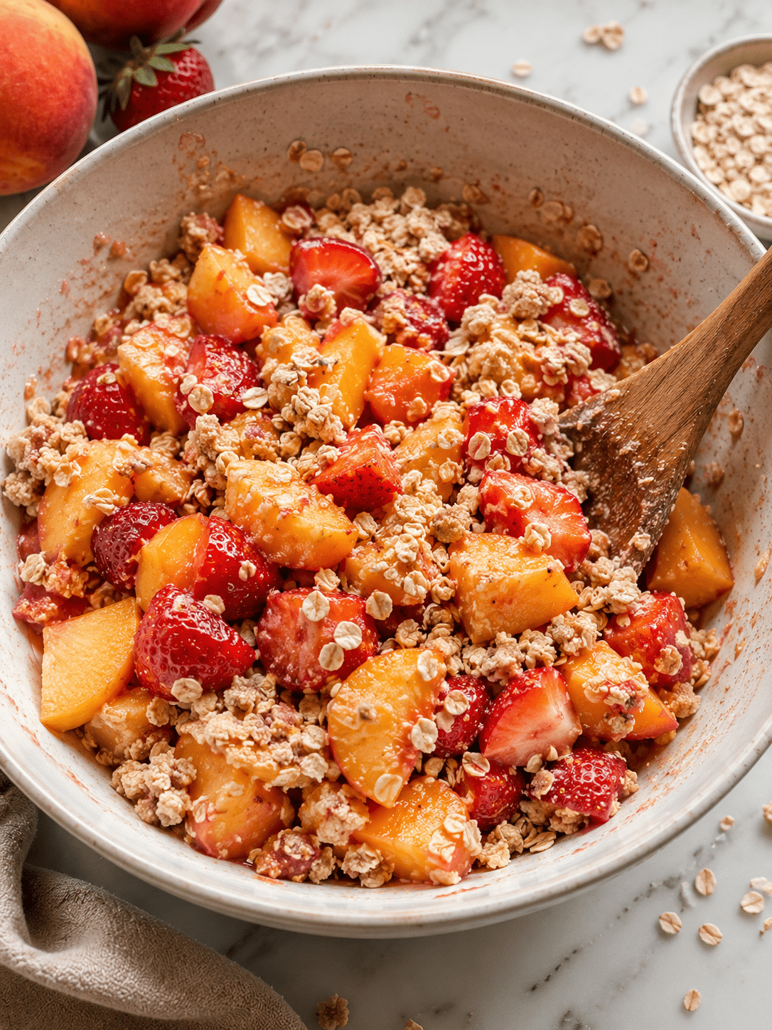 Sliced peaches and strawberries tossed with sugar and cornstarch for peach and strawberry crumble filling