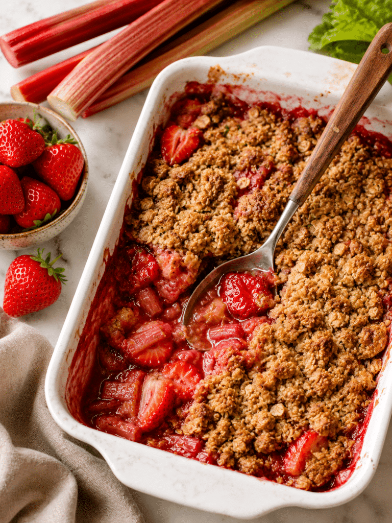 strawberry rhubarb crisp recipe with Buttery Oat Topping