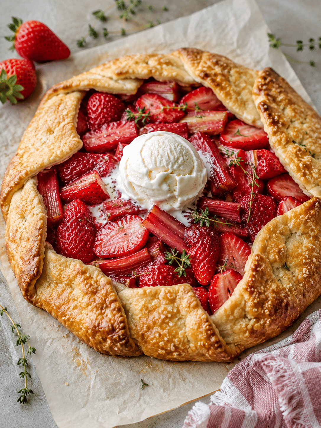 Strawberry Rhubarb Galette with Buttery Crust 1 strawberry rhubarb galette with golden crust and jammy fruit filling