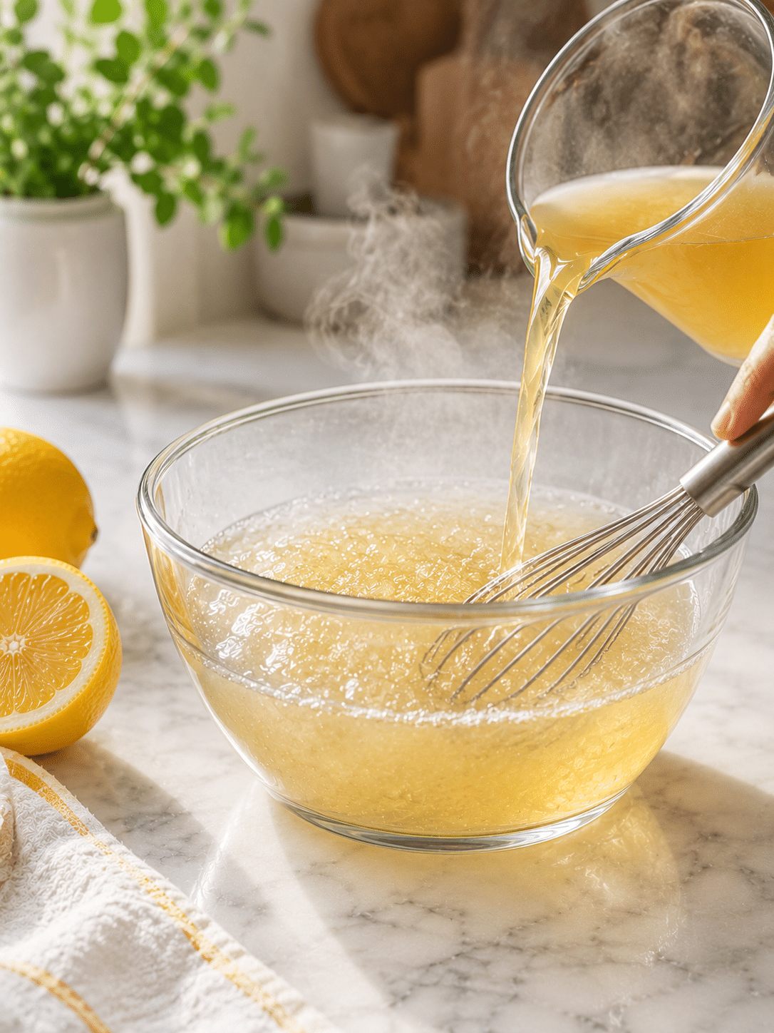 Whisking hot lemon water into 3 ingredient gelatin recipe for weight loss