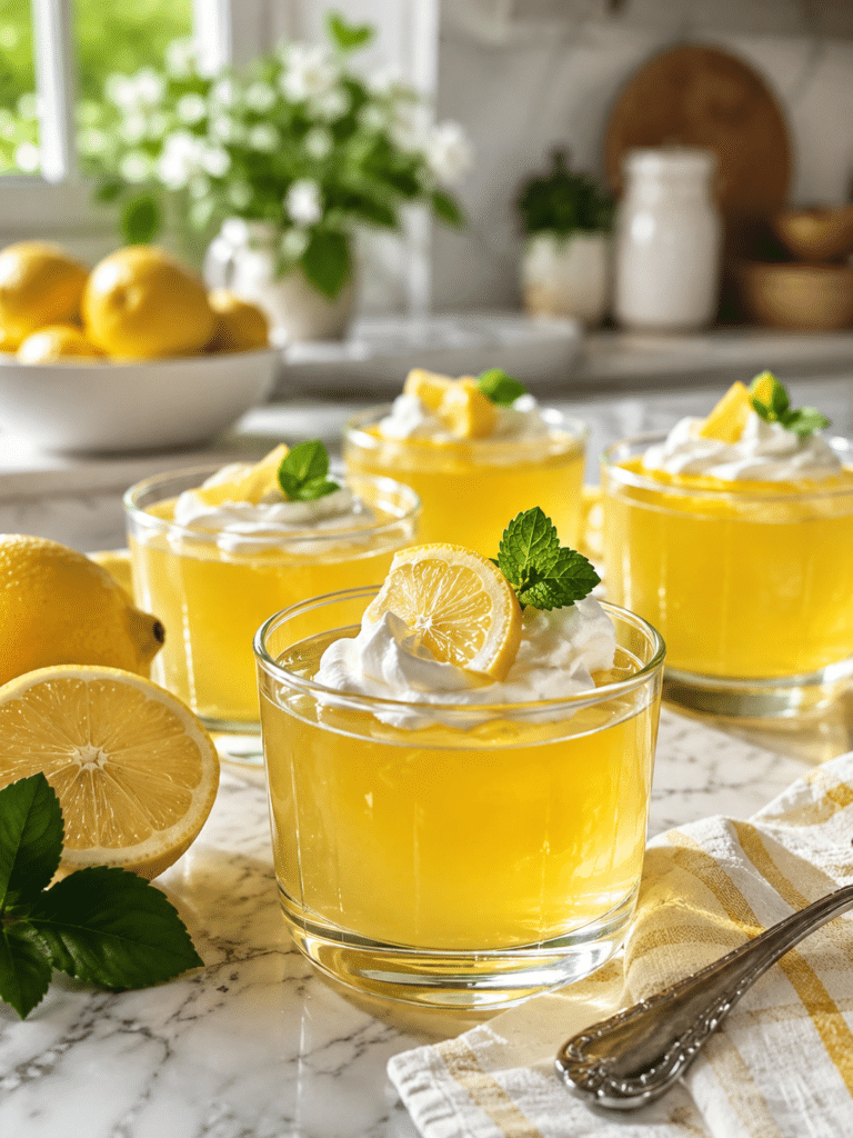 3 ingredient gelatin recipe for weight loss served in clear glass cups with lemon