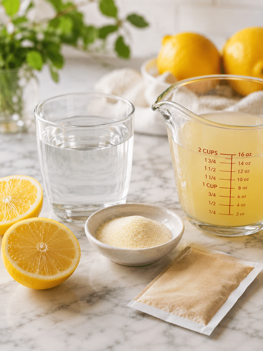 Ingredients for 3 ingredient gelatin recipe for weight loss with gelatin water and lemon water