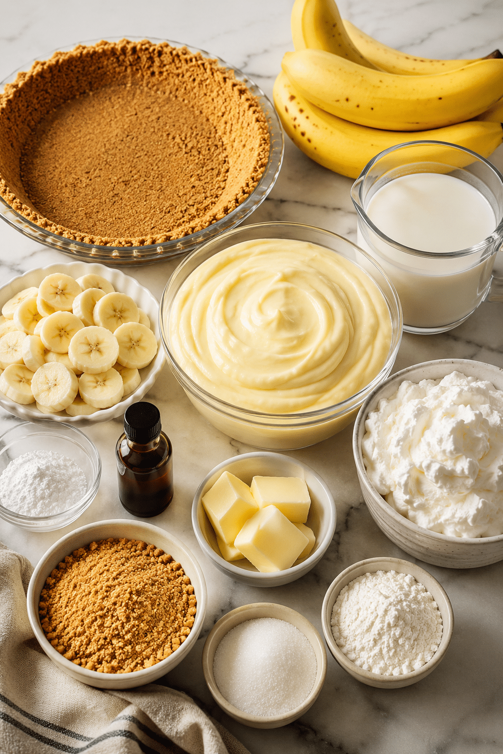 Banana Cream Pie With Pudding ingredients on a kitchen counter