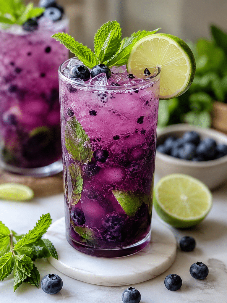 Home Page 25 Blueberry Mojito Mocktail in a tall glass with mint, lime, blueberries, and crushed ice