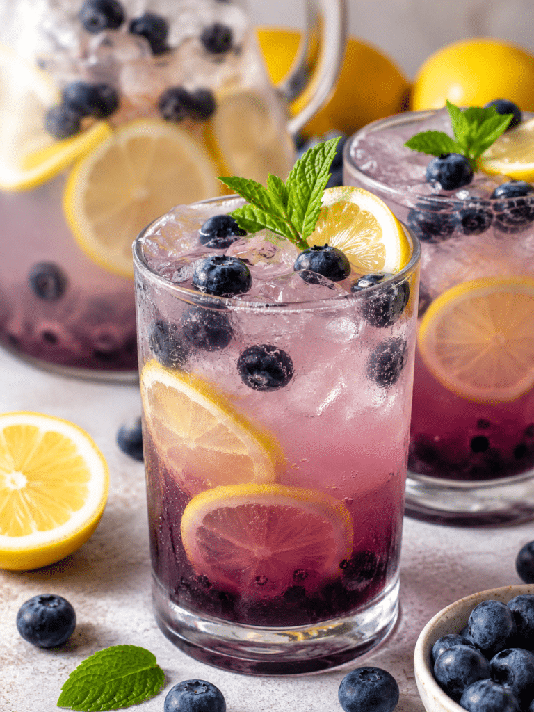 Blueberry lemonade served in glasses with lemon slices, blueberries, and ice
