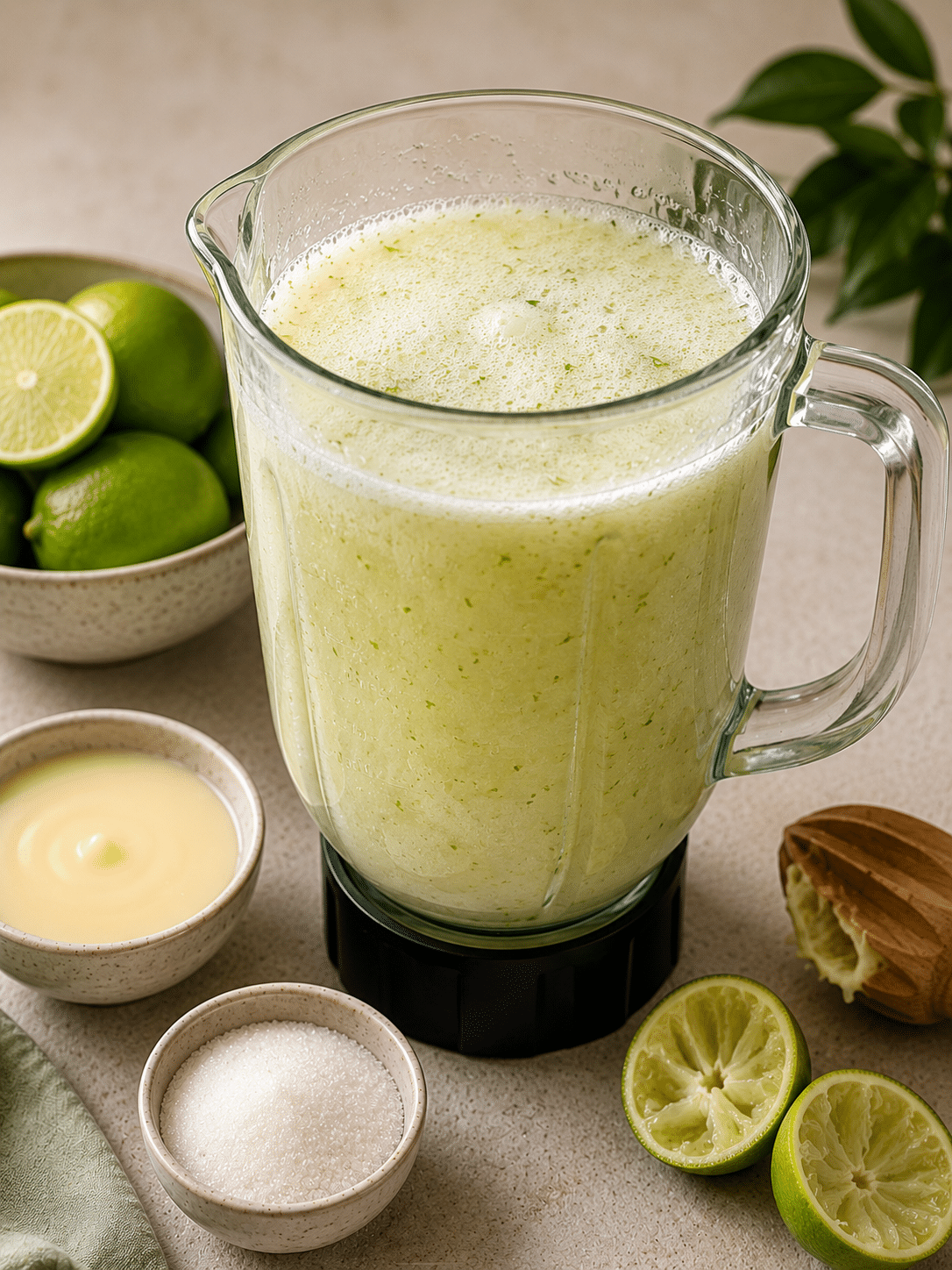 Brazilian lemonade recipe step 1 blending fresh limes with water and sugar