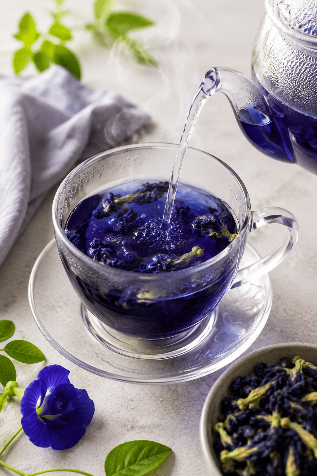 Butterfly Pea Flower Tea steeping as hot water turns blue