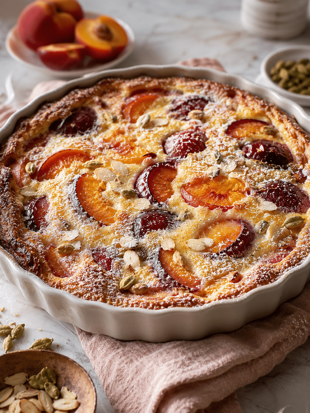 Cardamom and Stone Fruit Clafoutis Recipe for Summer Baking 1 Cardamom and Stone Fruit Clafoutis baked golden with summer stone fruit