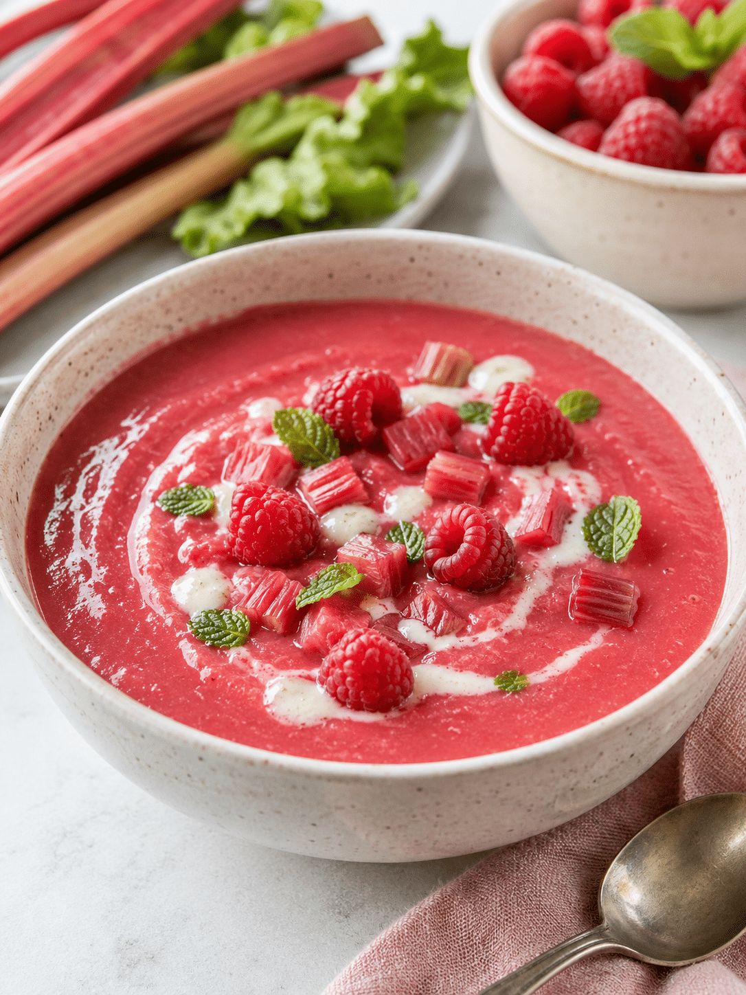 Chilled Rhubarb and Raspberry Soup Recipe for Summer 1 Chilled Rhubarb and Raspberry Soup served cold with yogurt, raspberries, and mint