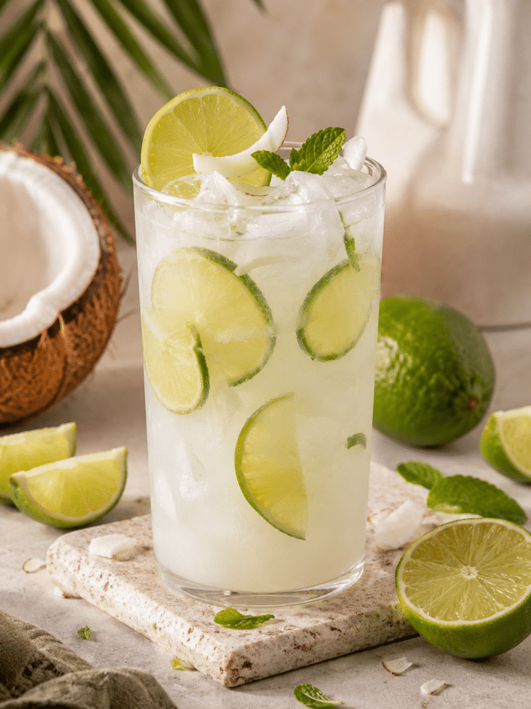 Home Page 26 Coconut Lime Refresher in a frosty glass with lime and mint