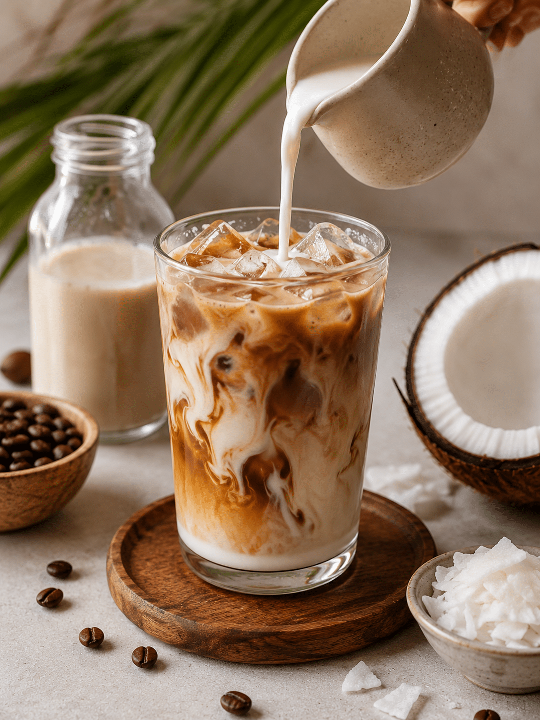 Coconut iced coffee step 2 with coconut milk poured into iced coffee