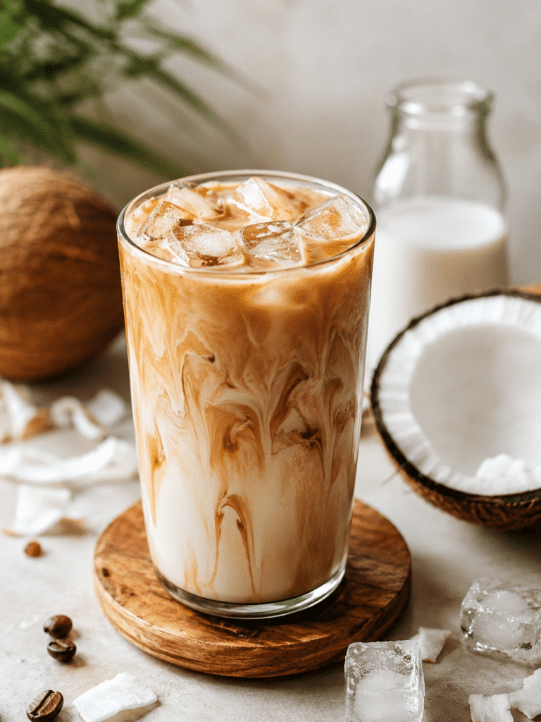 Coconut iced coffee in a tall glass with creamy coconut milk swirls and ice