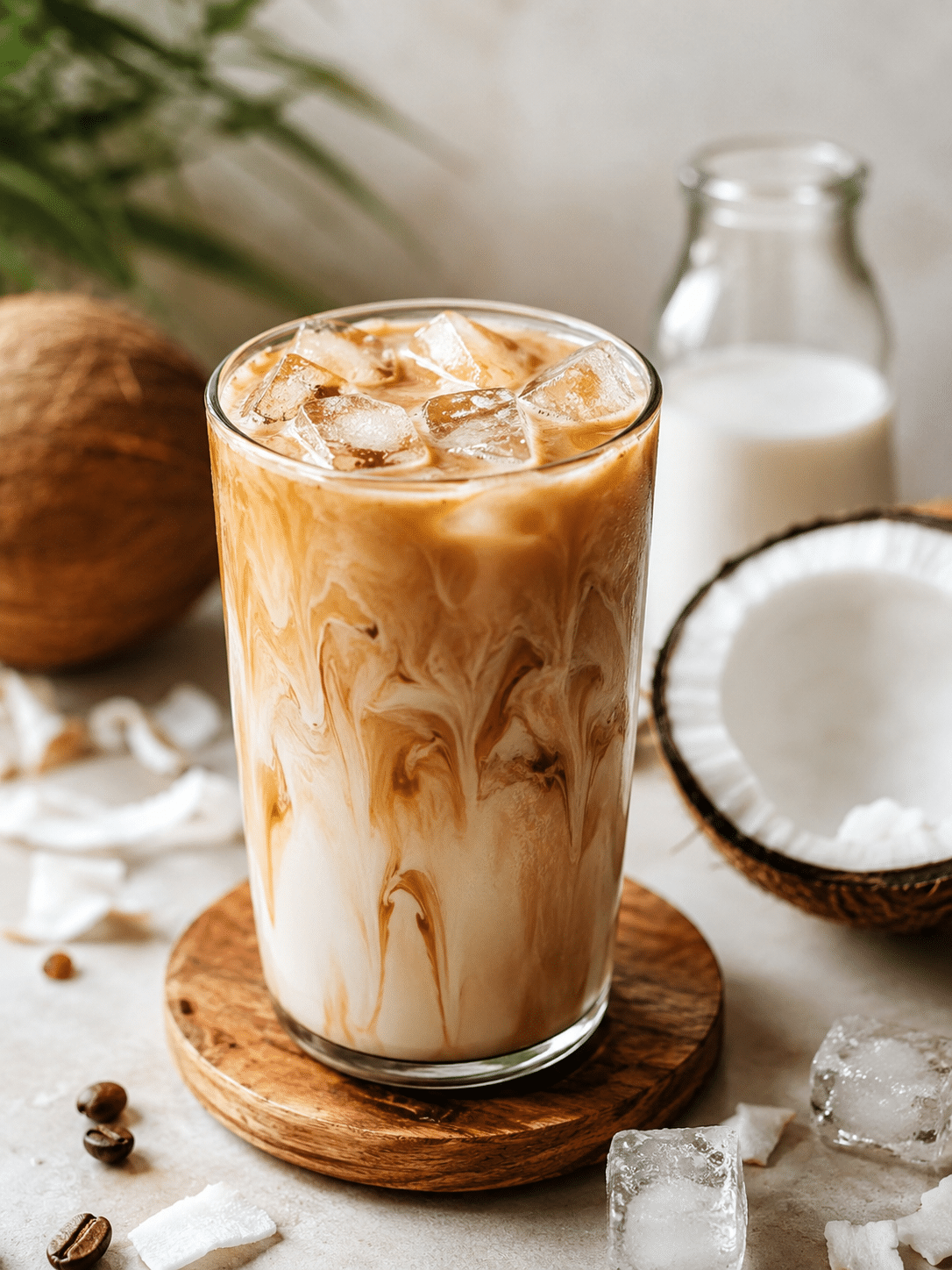 Coconut iced coffee in a tall glass with creamy coconut milk swirls and ice