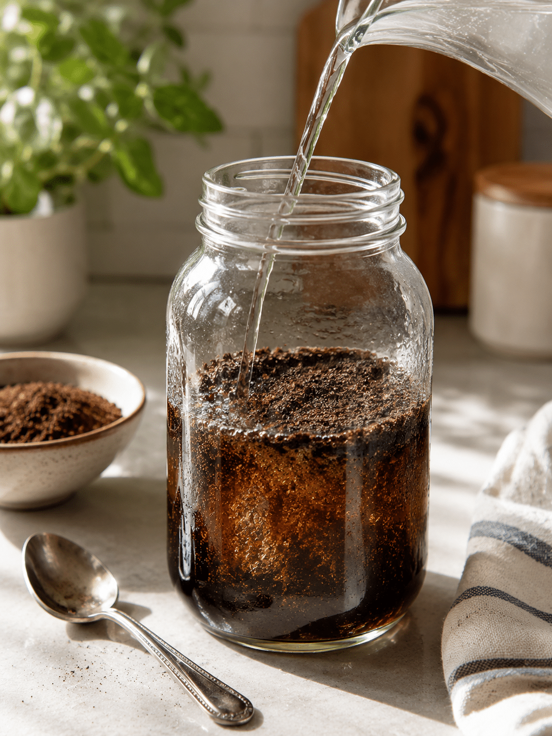 Cold Brew Coffee Recipe step one stirring coffee grounds with water