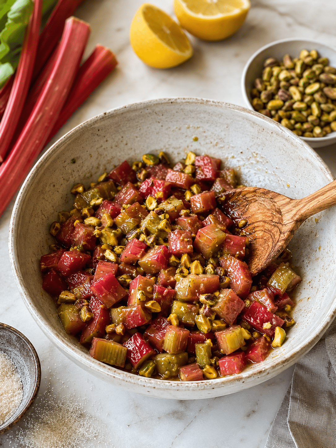 Cook the rhubarb until tender for Pavlova With Rhubarb and Pistachios