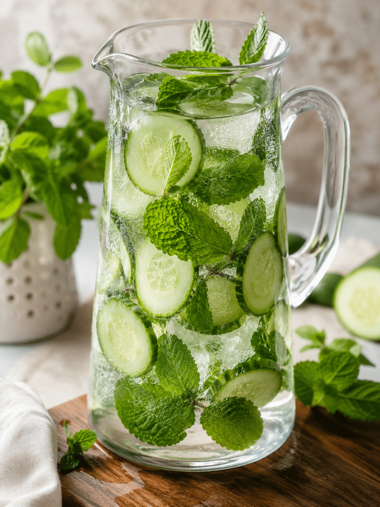 Cucumber mint water in a glass pitcher with cucumber slices and fresh mint