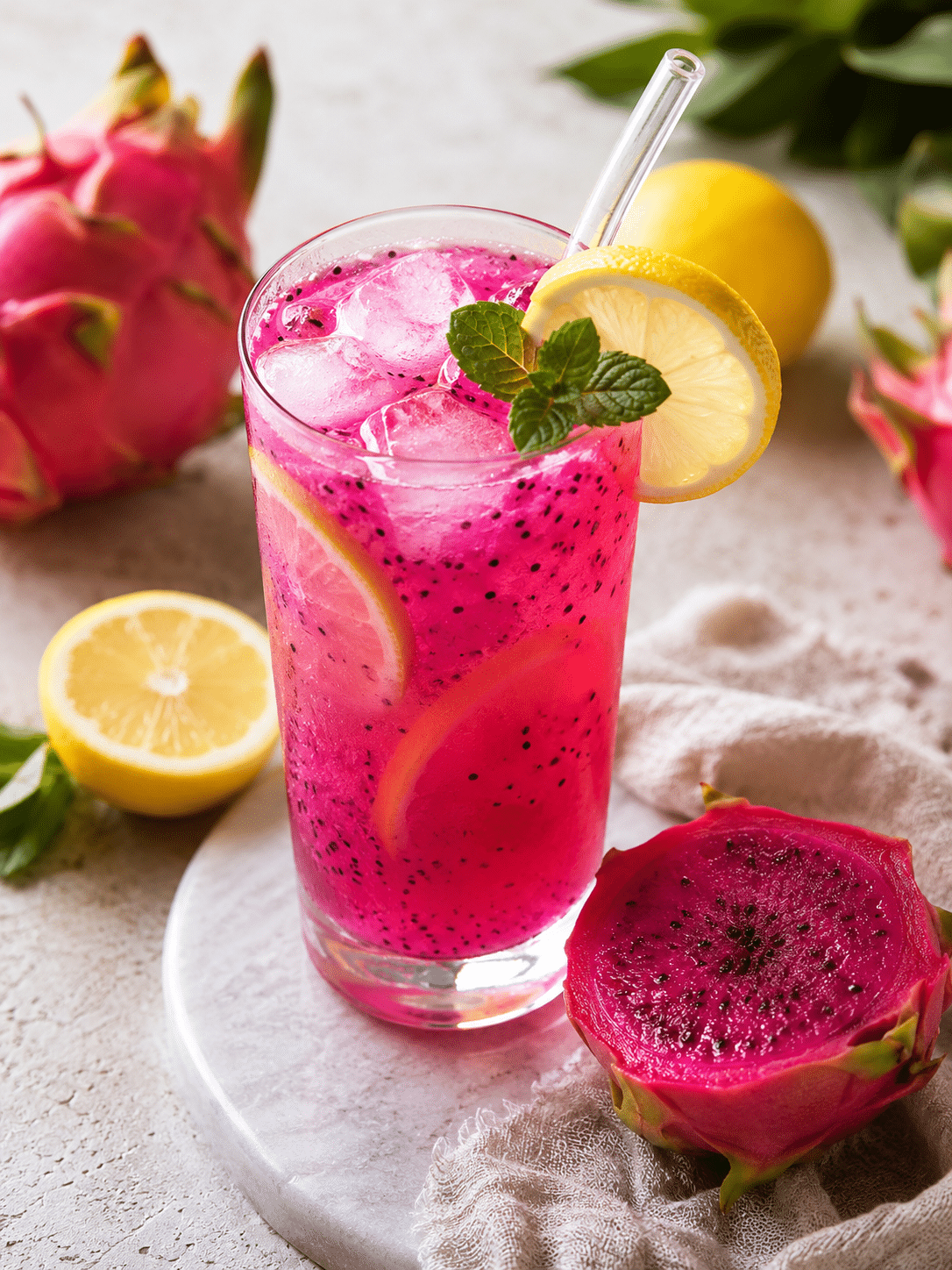 Dragon Fruit Lemonade Recipe: Easy Homemade Summer Drink 1 Dragon Fruit Lemonade in a glass pitcher with lemon slices and ice