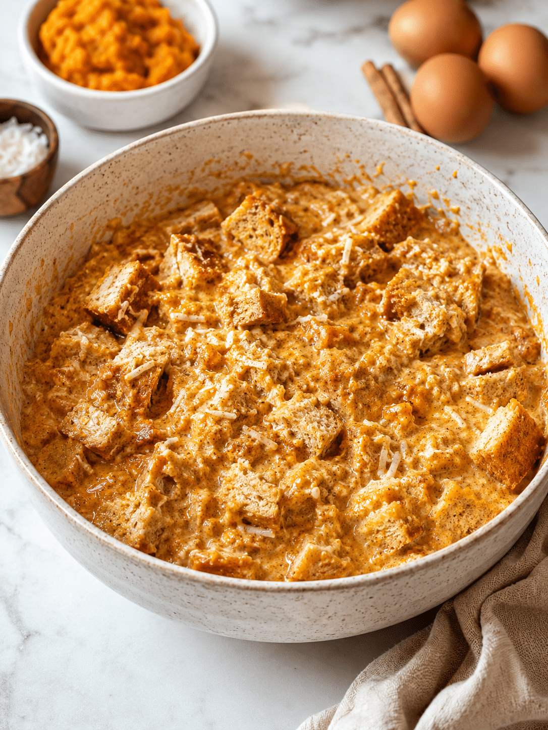 Gluten Free Coconut Pumpkin Bread Pudding custard being whisked in a bowl