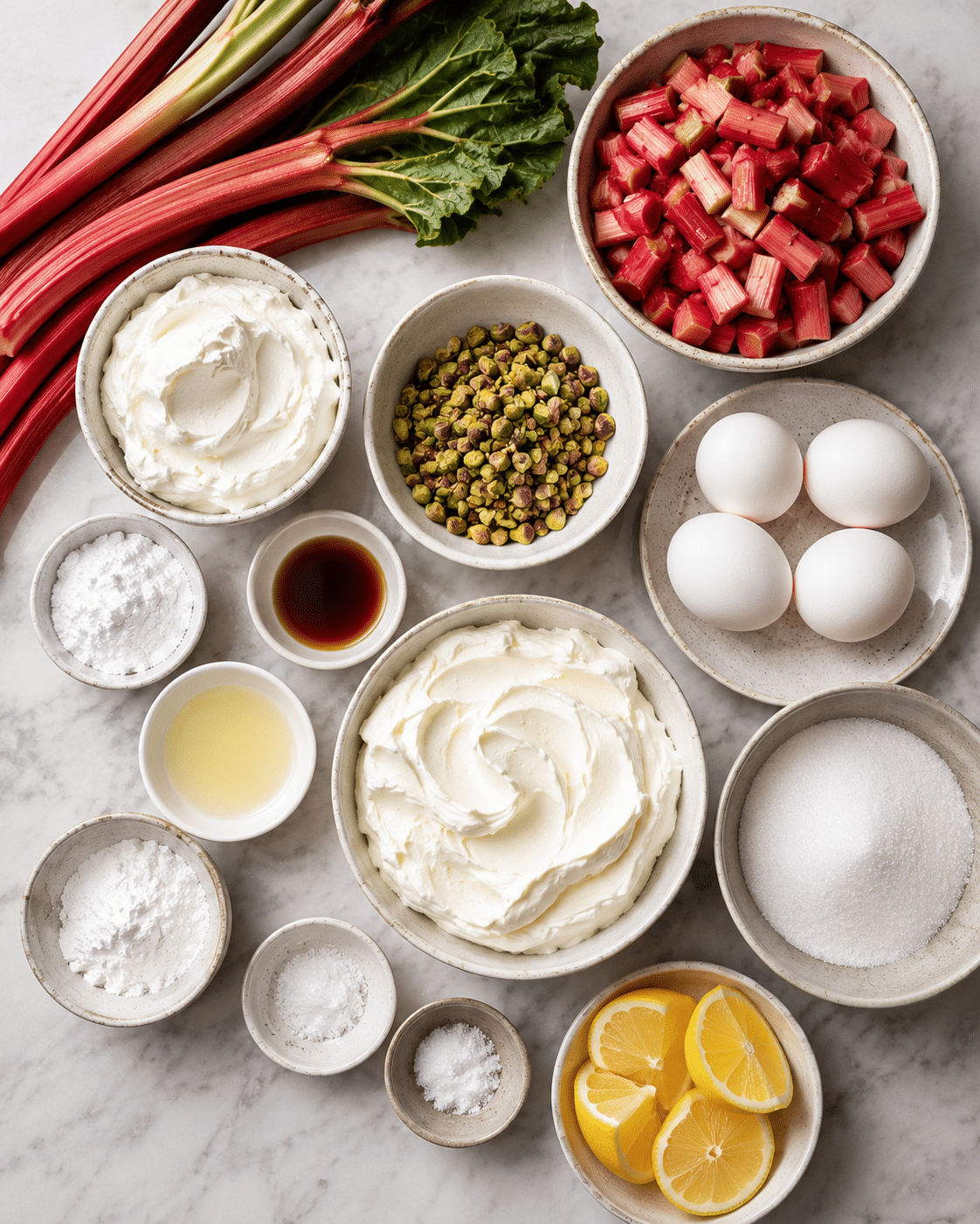 Ingredients for Pavlova With Rhubarb and Pistachios including rhubarb eggs cream lemon and pistachios