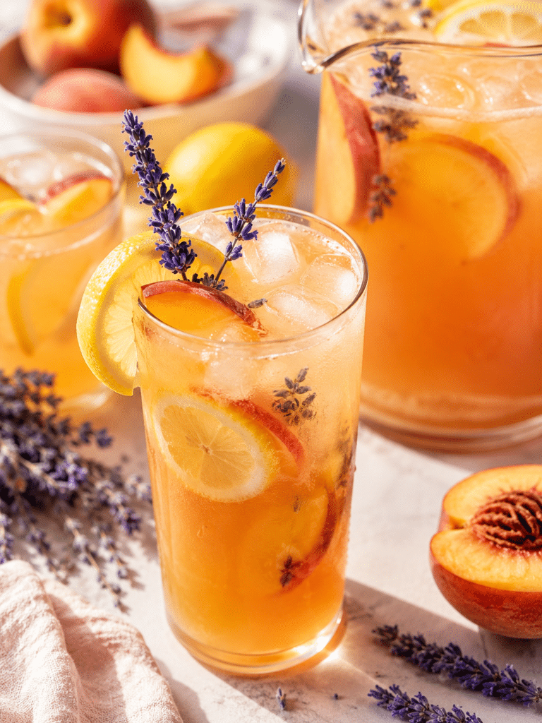 Home Page 27 Lavender Peach Lemonade served in a glass pitcher with peaches and lemons