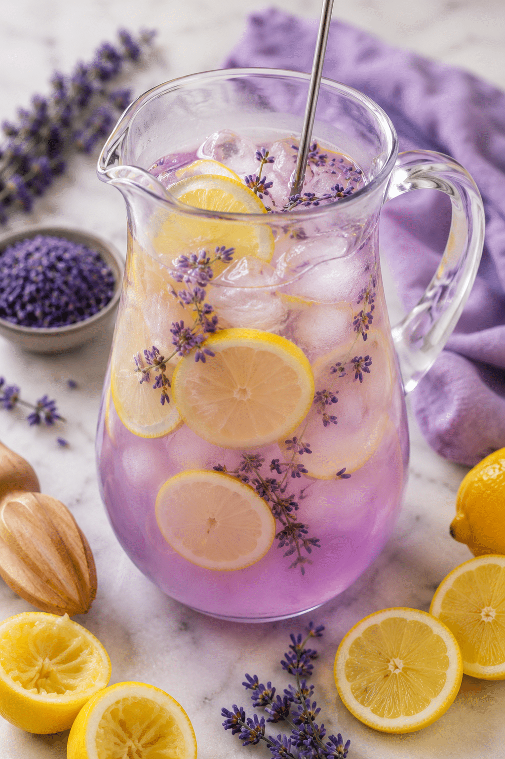 Lavender lemonade recipe mixed with fresh lemon juice and lavender syrup