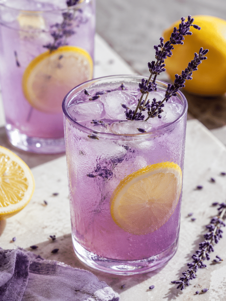 Lavender lemonade recipe served in a pitcher with lemon slices and lavender sprigs