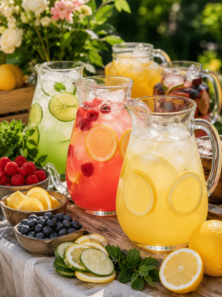 Lemonade bar recipes featured party drink station with fruit syrups and fresh lemon slices