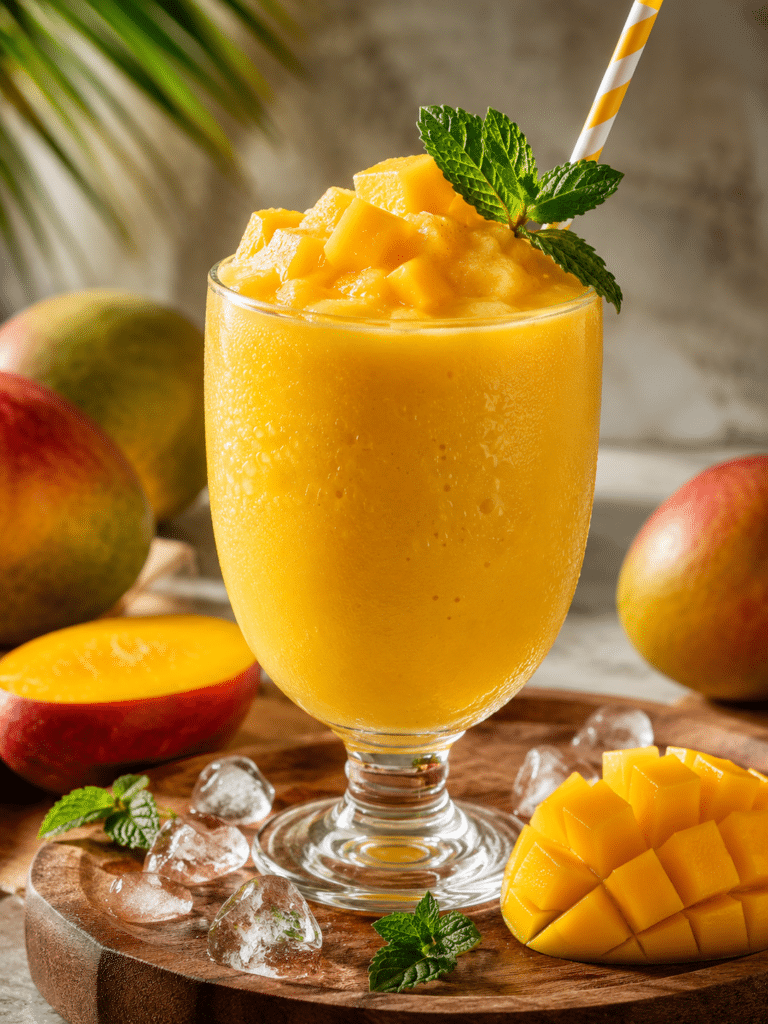 Mango frozen drink in a chilled glass with lime garnish