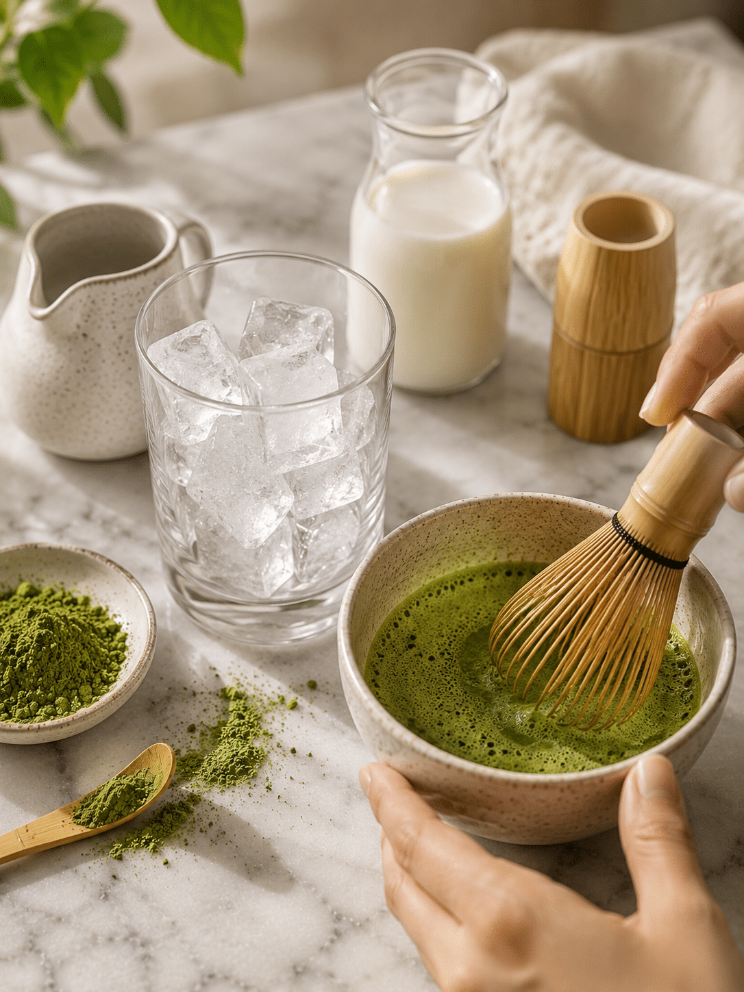 Matcha latte iced step one whisking matcha powder with warm water