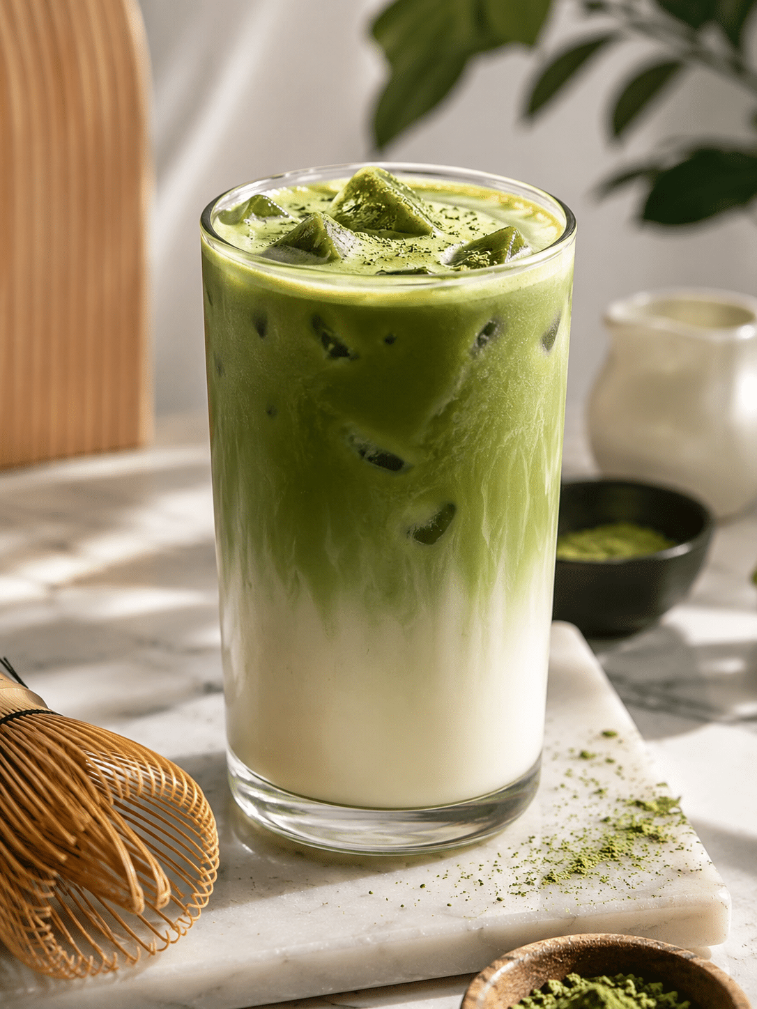Matcha latte iced in a tall glass with creamy milk and ice