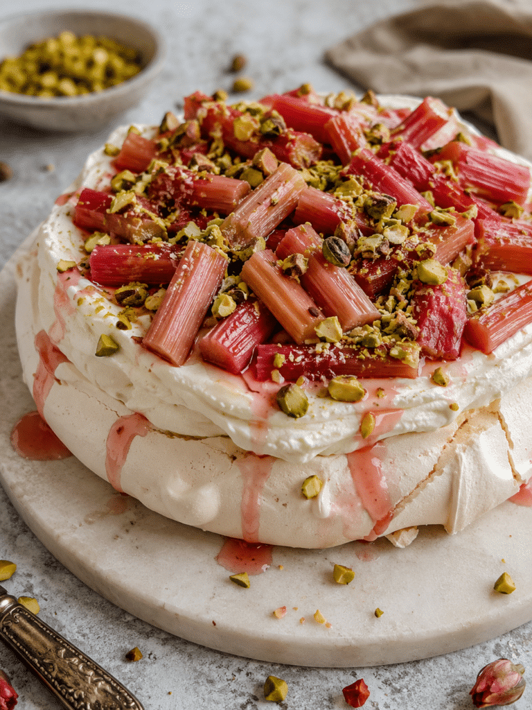 Pavlova With Rhubarb and Pistachios