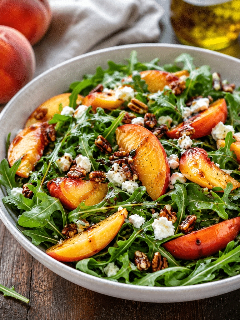 Home Page 18 Peach Arugula Salad with burrata, sliced peaches, arugula, and toasted pecans on a summer platter