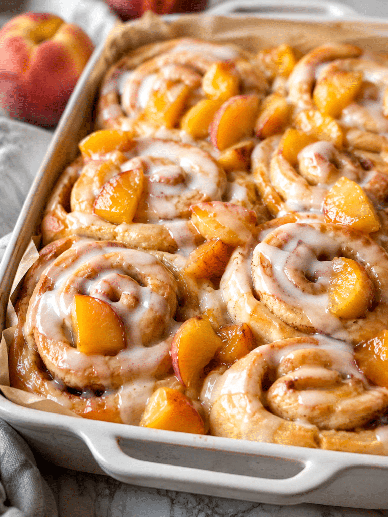 Home Page 19 Peach Cobbler Cinnamon Rolls baked in a pan with vanilla glaze