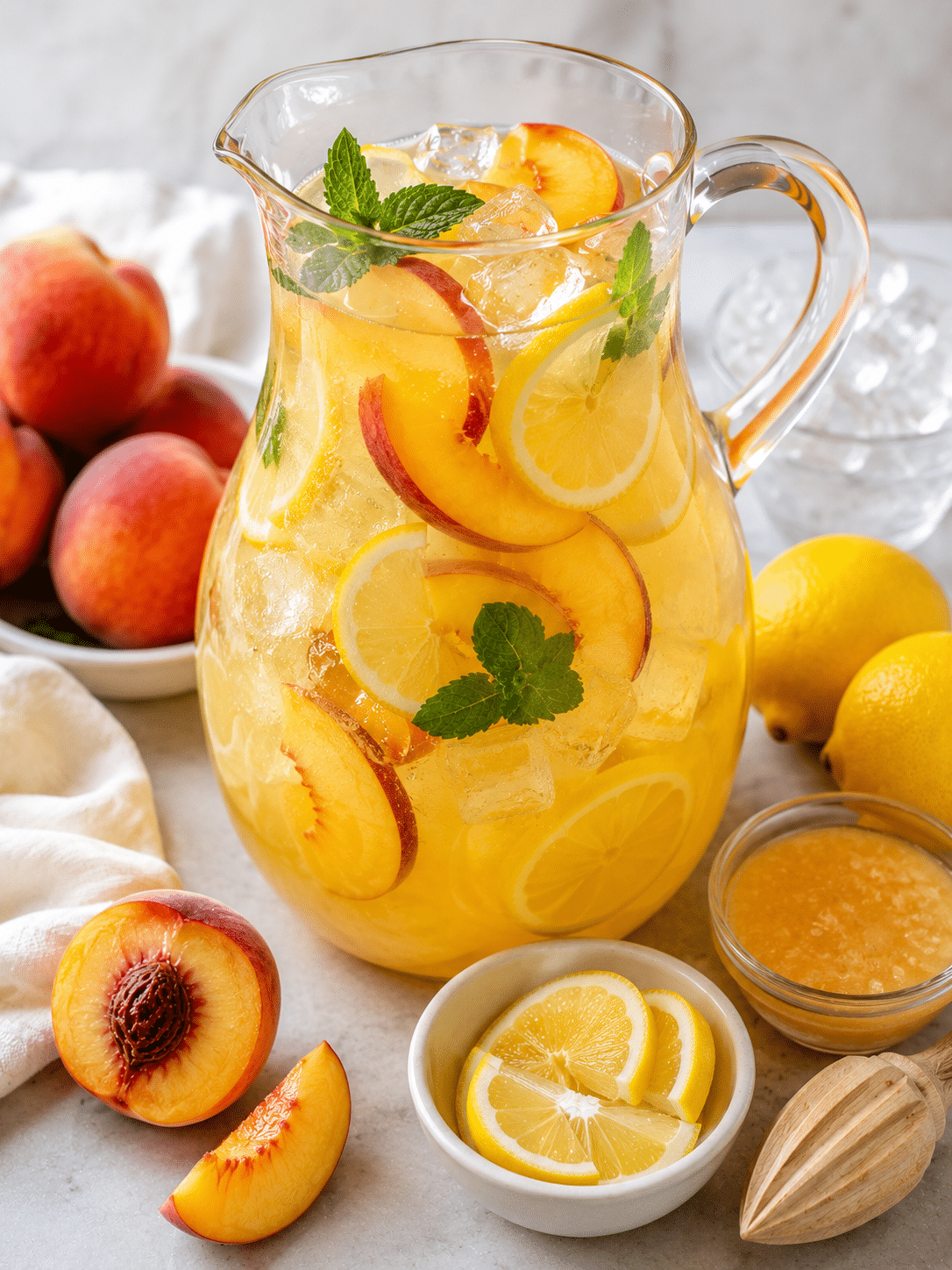 Peach lemonade served in tall glasses over ice with peach and lemon