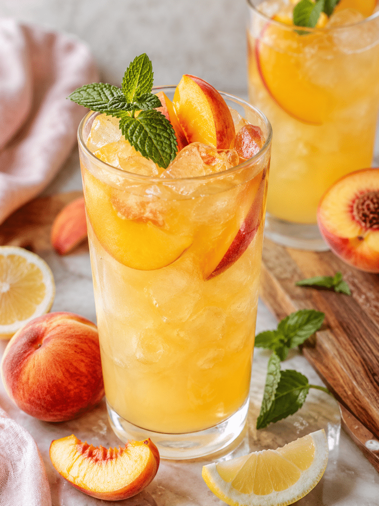 Peach lemonade in a glass pitcher with peach slices and fresh lemons