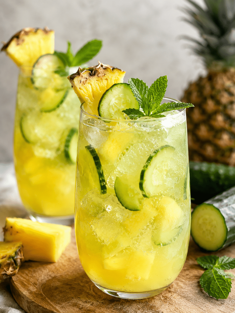 Home Page 24 Pineapple Cucumber Refresher served cold with cucumber, pineapple, lime, and mint