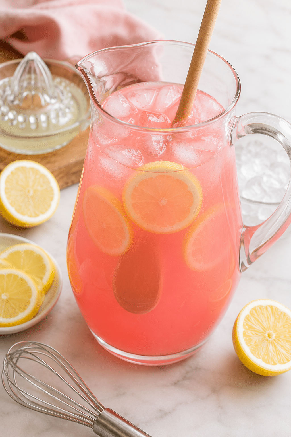 Pink lemonade recipe served in glasses with ice lemons and berries