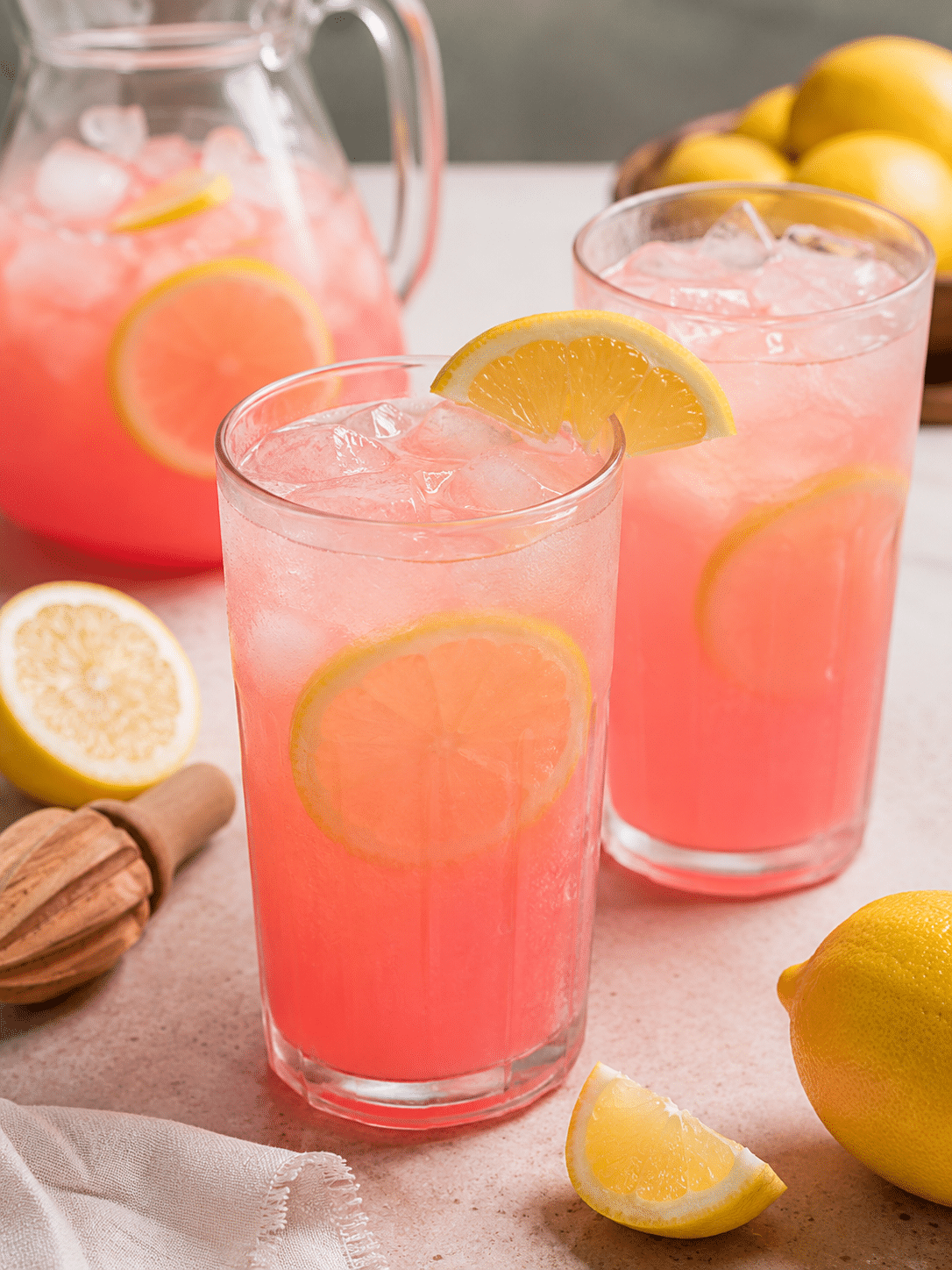 Pink Lemonade Recipe That Tastes Fresh, Bright, and Easy 1 Pink lemonade recipe served in a glass pitcher with lemons and strawberries