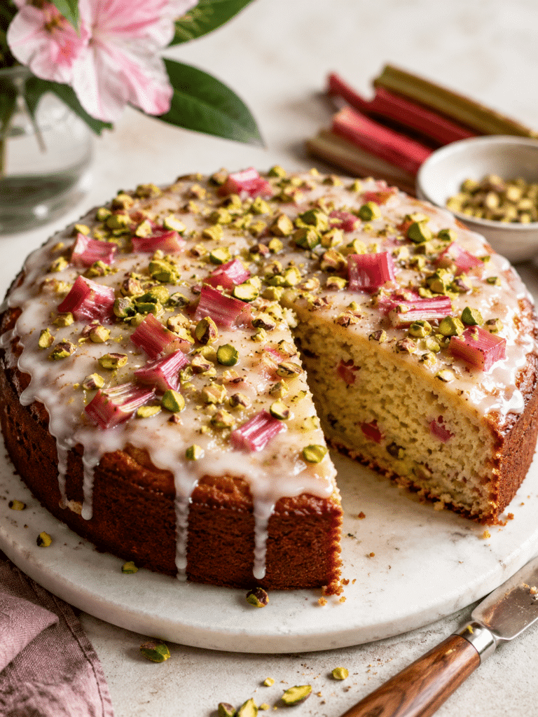 Pistachio-Rhubarb Yogurt Cake That Bakes Up Tender and Bright