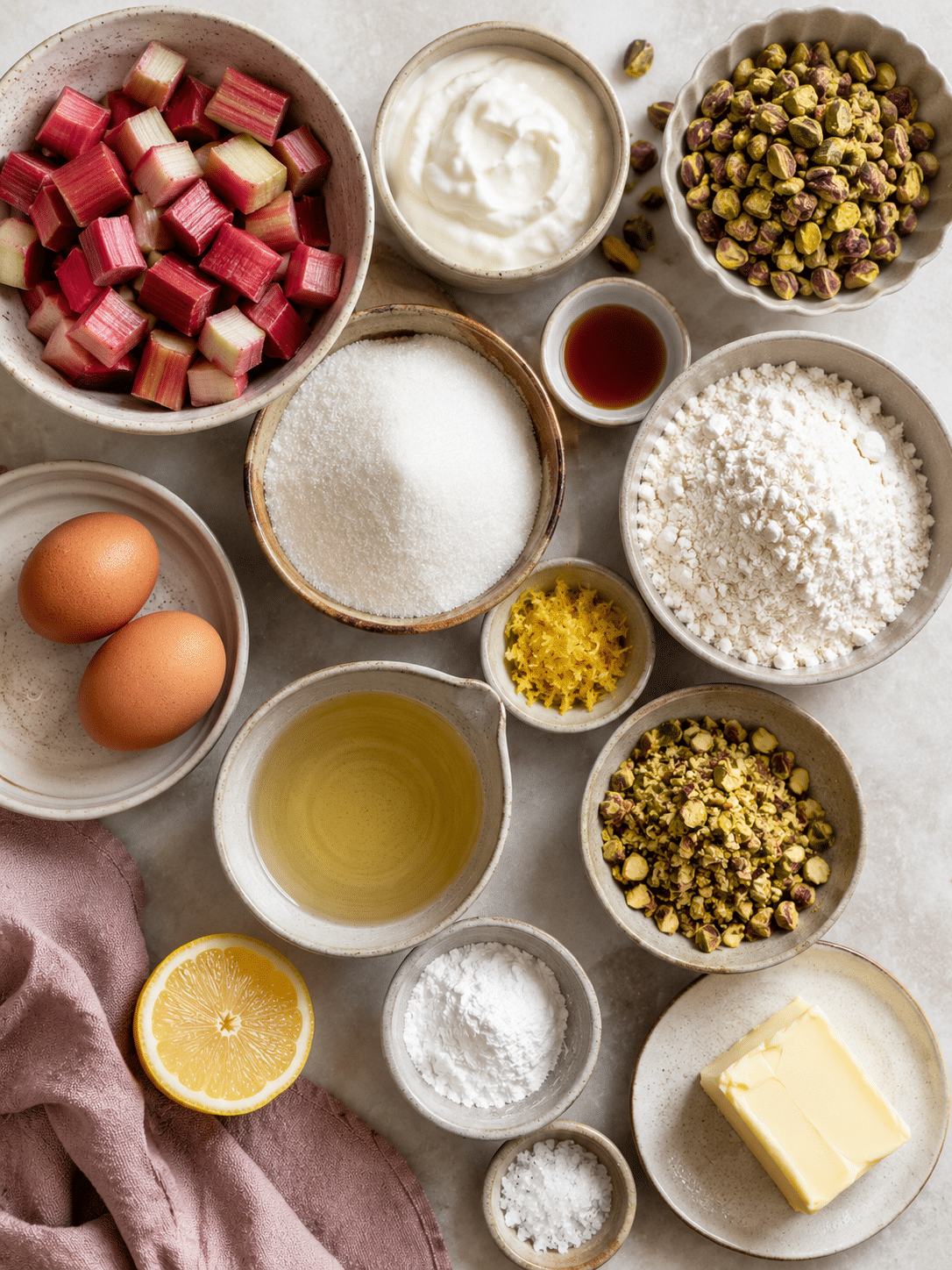 Pistachio Rhubarb Yogurt Cake ingredients