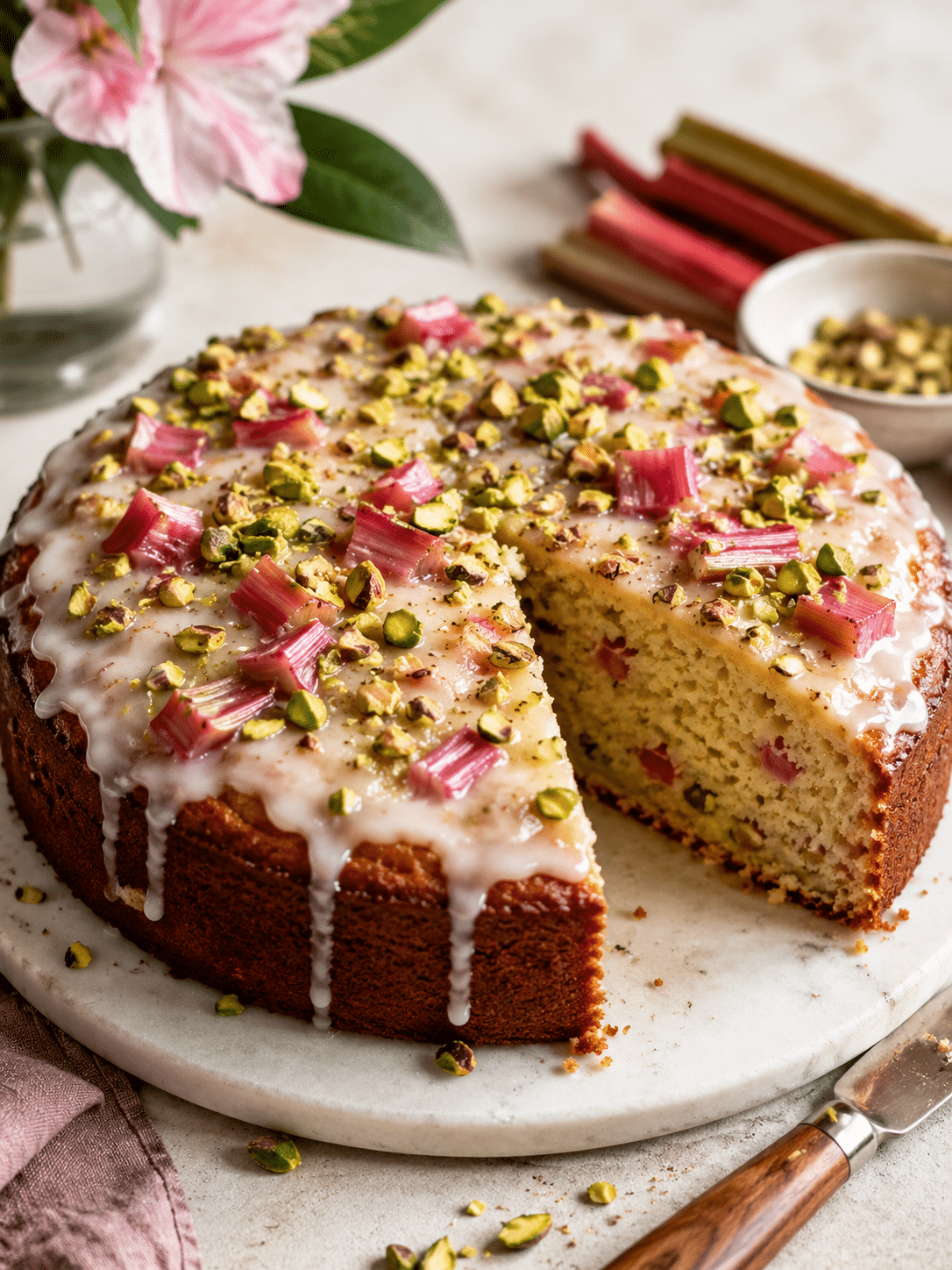 Pistachio Rhubarb Yogurt Cake