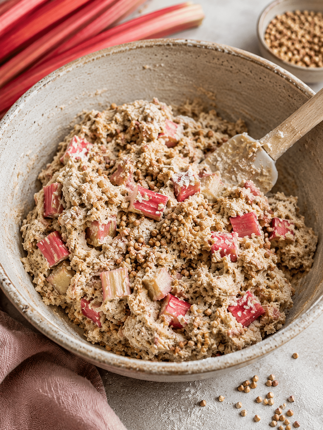 Rhubarb-Buckwheat Scones dough being mixed with cold butter and buckwheat flour