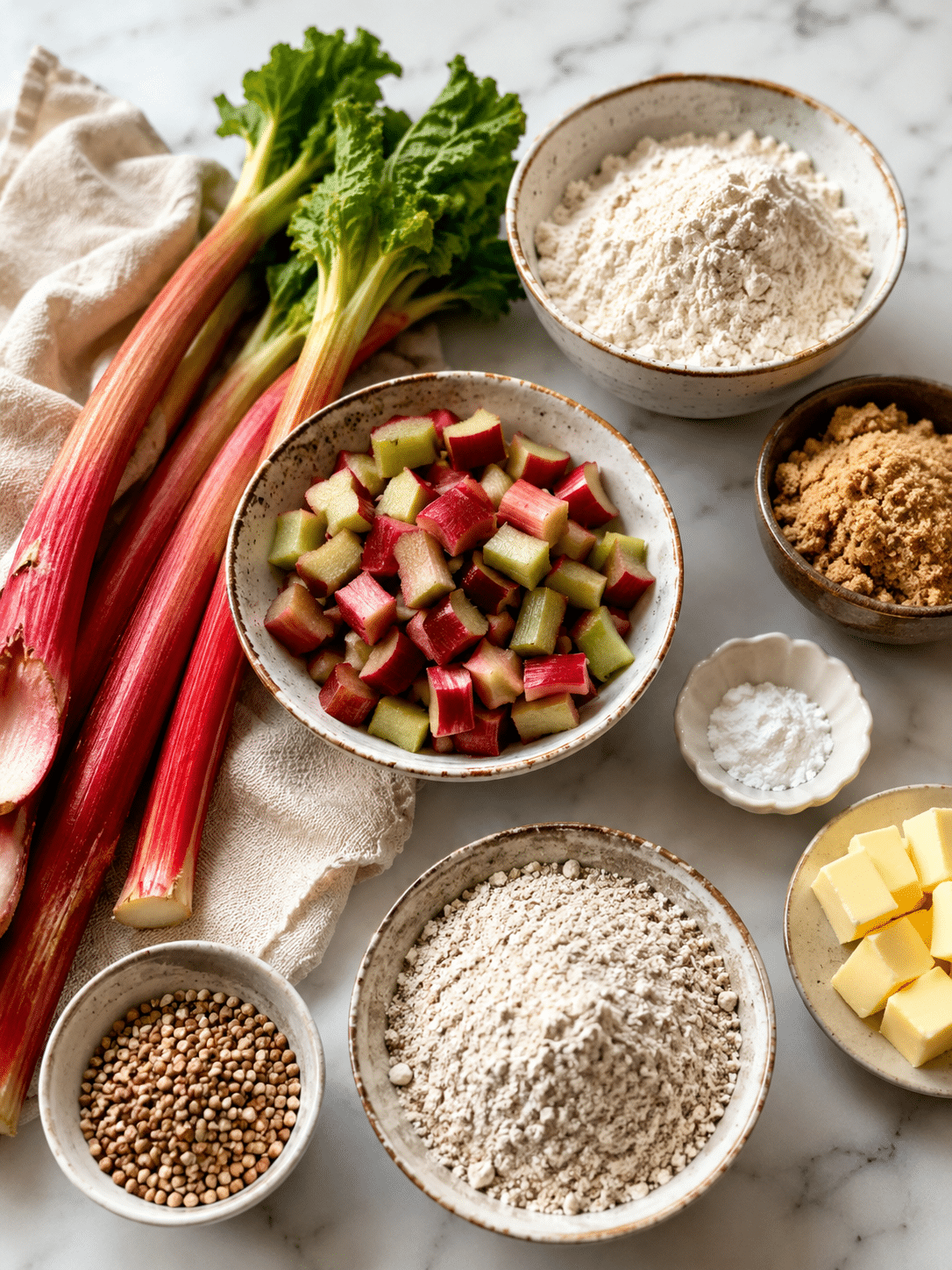 Rhubarb-Buckwheat Scones ingredients with chopped rhubarb, buckwheat flour, butter, and buttermilk