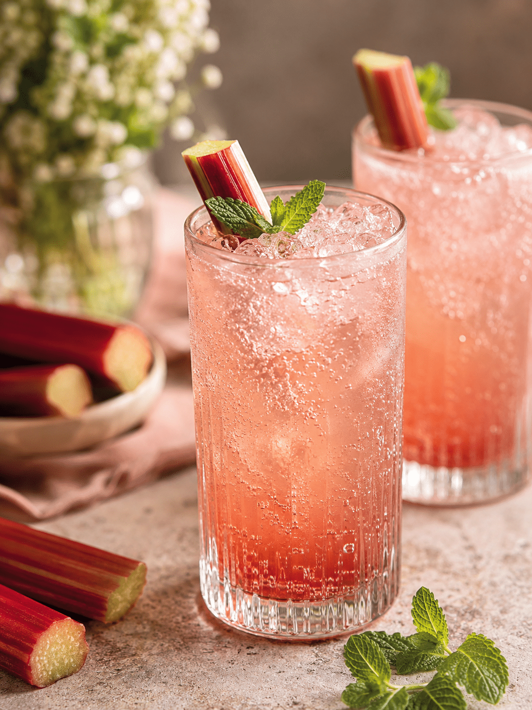 Rhubarb Fizz Recipe: Easy Sparkling Pink Mocktail 1 Rhubarb Fizz pink sparkling mocktail with lemon, mint, ice, and fresh rhubarb