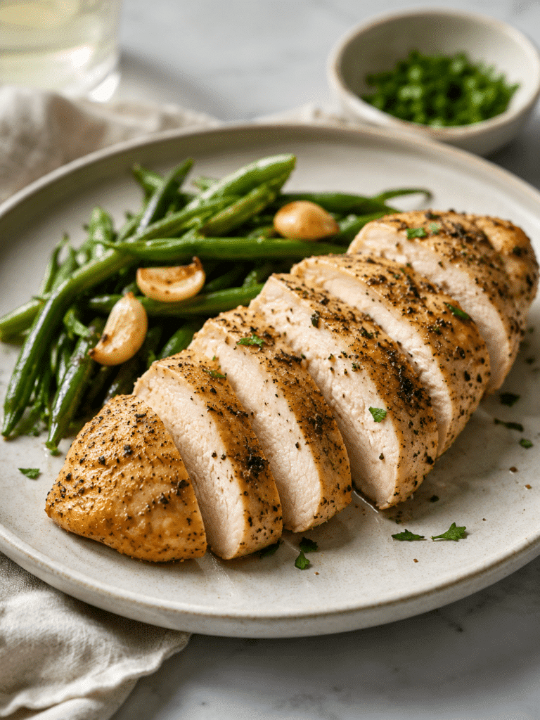 Home Page 12 Sous vide chicken breast sliced juicy on a plate with herbs and lemon