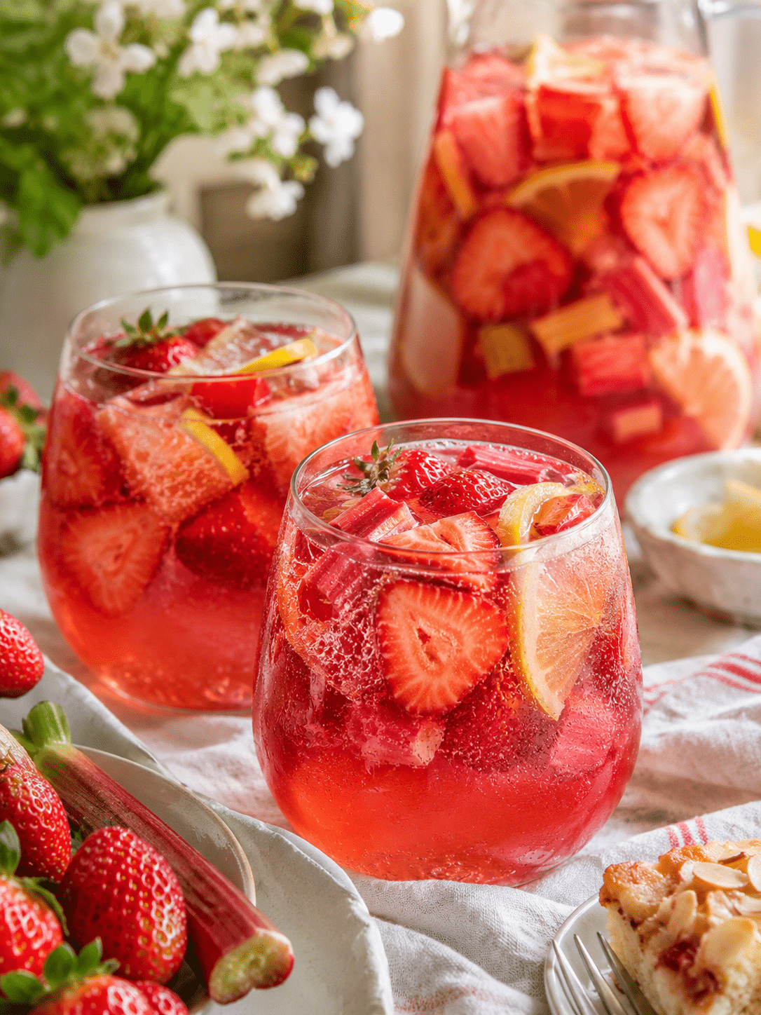 Strawberry-Rhubarb Sangria served over ice with strawberries and citrus