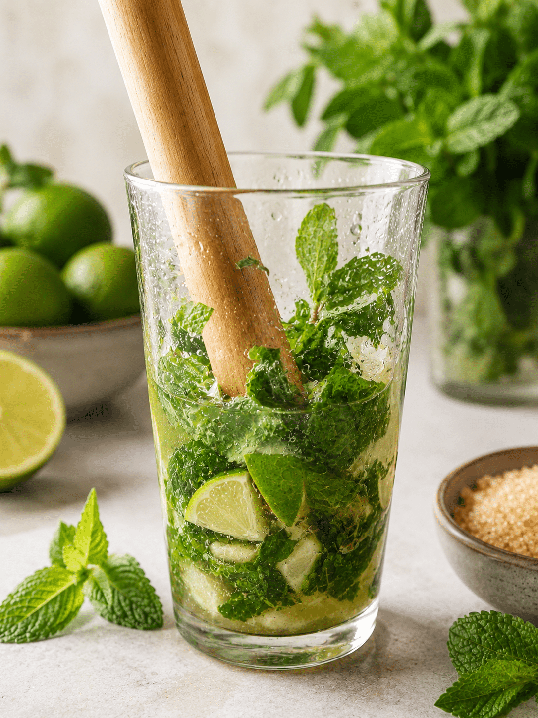 Virgin mojito recipe step one with mint and lime gently muddled in a glass