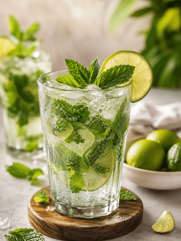 Virgin mojito recipe in a tall glass with mint, lime, crushed ice, and sparkling water