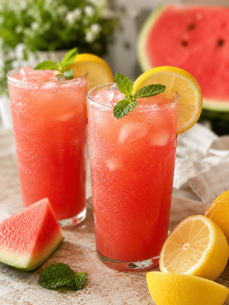 Watermelon lemonade recipe in a glass pitcher with lemon slices and mint